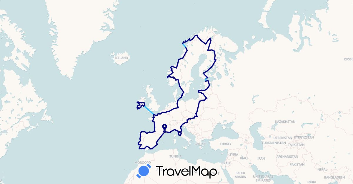 TravelMap itinerary: driving, boat in Austria, Belgium, Germany, Denmark, Estonia, Spain, Finland, France, Ireland, Italy, Lithuania, Latvia, Norway, Poland, Portugal, Sweden, Slovakia, San Marino (Europe)